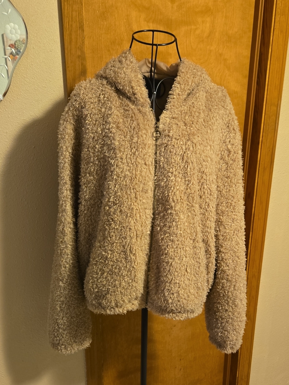 wild fable Beige Curly Fur Zip Jacket with Hood